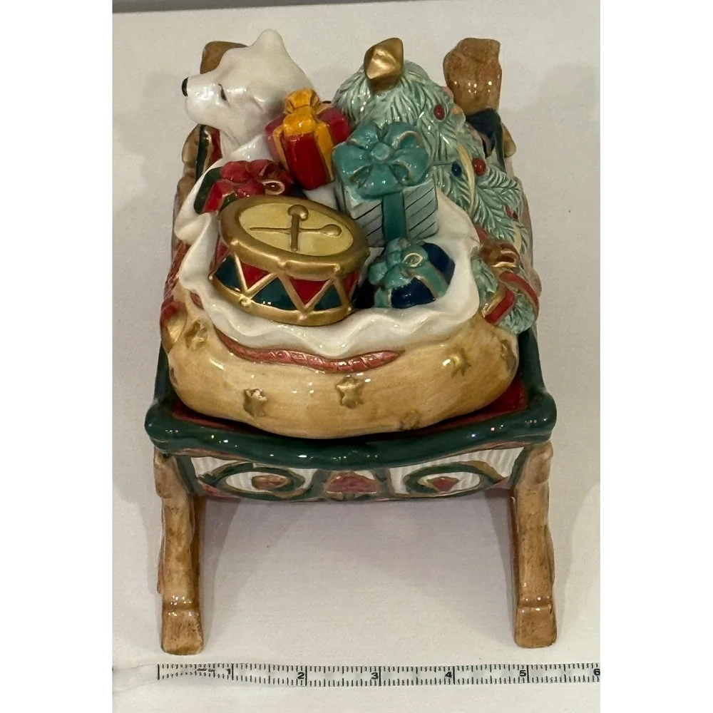 Fitz and Floyd Christmas Tidings Sleigh Candy Dish Polar Bear Presents Tree